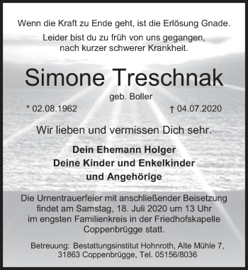 Traueranzeige von Simone Treschnak von Deister- und Weserzeitung