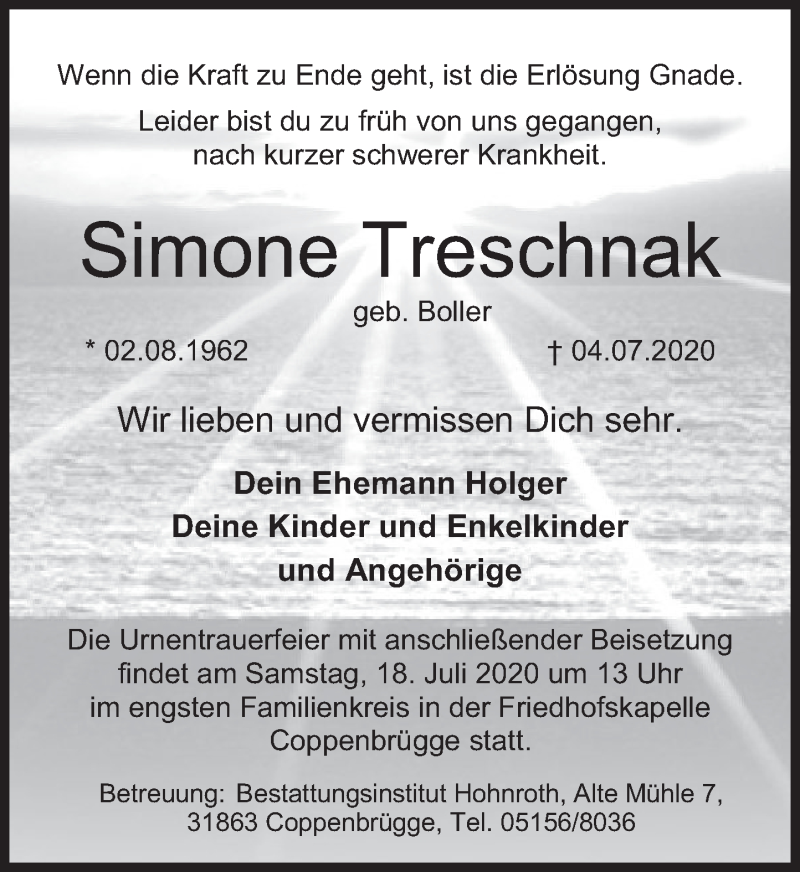  Traueranzeige für Simone Treschnak vom 11.07.2020 aus Deister- und Weserzeitung