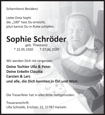 Traueranzeige von Sophie Schröder von Deister- und Weserzeitung