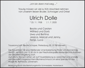 Traueranzeige von Ulrich Dolle von Deister- und Weserzeitung