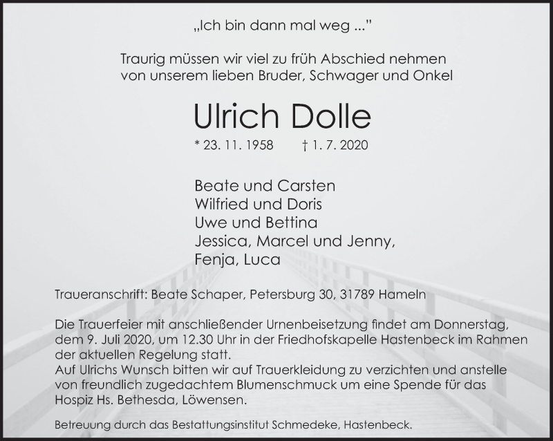  Traueranzeige für Ulrich Dolle vom 04.07.2020 aus Deister- und Weserzeitung