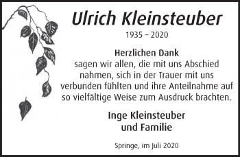 Traueranzeige von Ulrich Kleinsteuber von Neue Deister-Zeitung