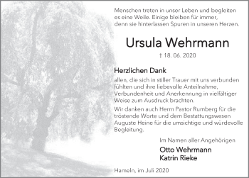 Traueranzeige von Ursula Wehrmann von Deister- und Weserzeitung