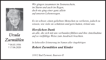 Traueranzeige von Ursula Zurmühlen von Deister- und Weserzeitung