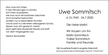 Traueranzeige von Uwe Sommitsch von Deister- und Weserzeitung