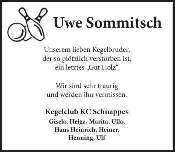 Traueranzeige von Uwe Sommitsch von Deister- und Weserzeitung
