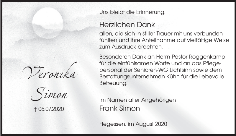  Traueranzeige für Veronika Simon vom 01.08.2020 aus Deister- und Weserzeitung