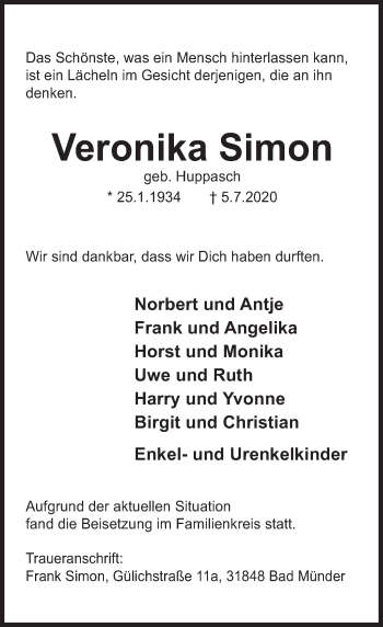 Traueranzeige von Veronika Simon von Deister- und Weserzeitung