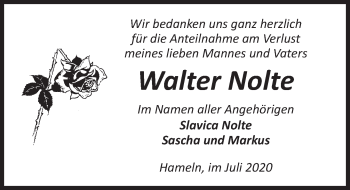 Traueranzeige von Walter Nolte von Deister- und Weserzeitung