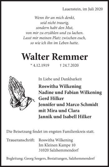 Traueranzeige von Walter Remmer von Deister- und Weserzeitung