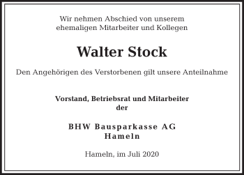 Traueranzeige von Walter Stock von Deister- und Weserzeitung