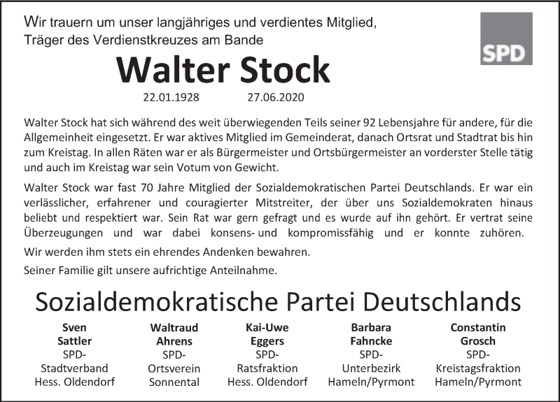  Traueranzeige für Walter Stock vom 03.07.2020 aus Deister- und Weserzeitung