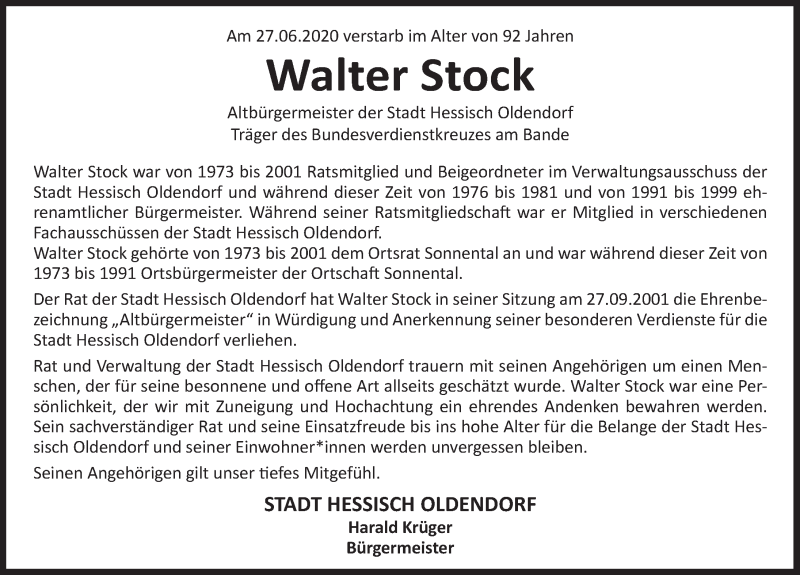  Traueranzeige für Walter Stock vom 03.07.2020 aus Deister- und Weserzeitung