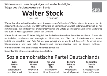 Traueranzeige von Walter Stock von Deister- und Weserzeitung