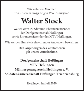 Traueranzeige von Walter Stock von Deister- und Weserzeitung