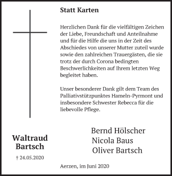 Traueranzeige von Waltraud Bartsch von Deister- und Weserzeitung