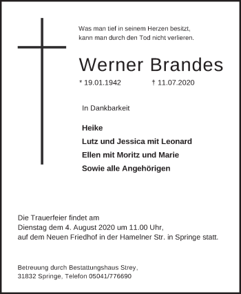 Traueranzeige von Werner Brandes von Neue Deister-Zeitung