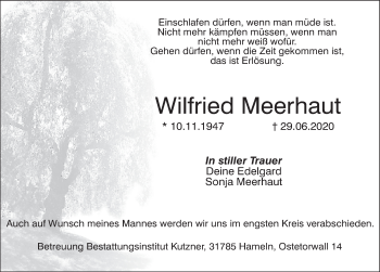 Traueranzeige von Wilfried Meerhaut von Deister- und Weserzeitung