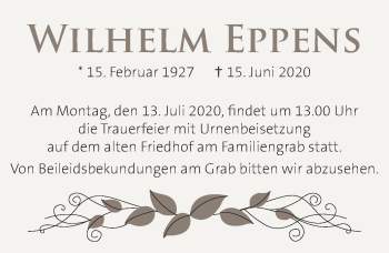 Traueranzeige von Wilhelm Eppens von Neue Deister-Zeitung