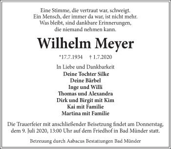 Traueranzeige von Wilhelm Meyer von Deister- und Weserzeitung
