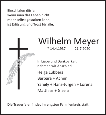 Traueranzeige von Wilhelm Meyer von Deister- und Weserzeitung