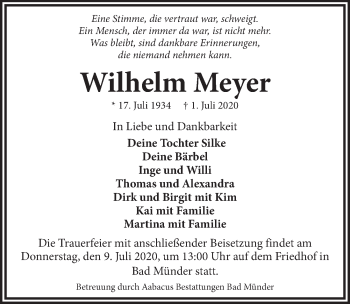 Traueranzeige von Wilhelm Meyer von Neue Deister-Zeitung