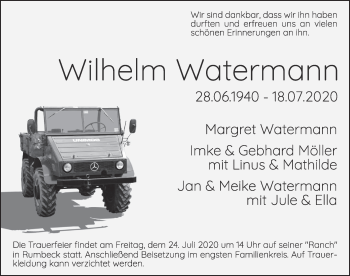 Traueranzeige von Wilhelm Watermann von Deister- und Weserzeitung