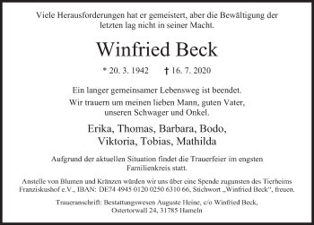 Traueranzeige von Winfried Beck von Deister- und Weserzeitung