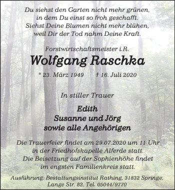 Traueranzeige von Wolfgang Raschka von Neue Deister-Zeitung