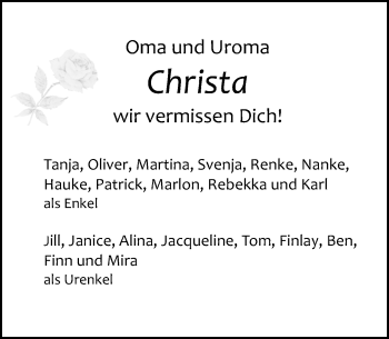 Traueranzeige von Christa Hundertmark von Deister- und Weserzeitung