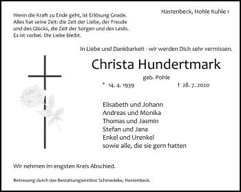 Traueranzeige von Christa Hundertmark von Deister- und Weserzeitung