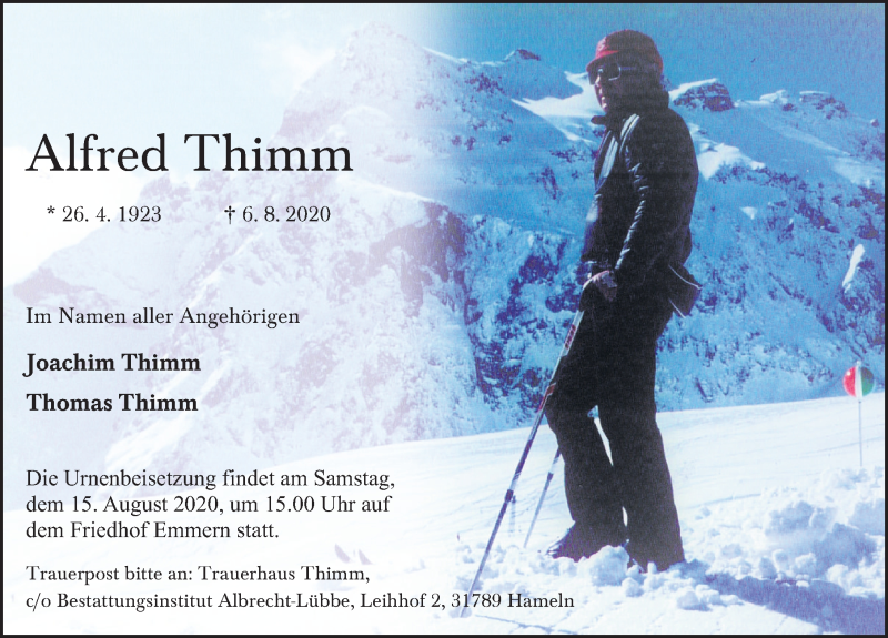  Traueranzeige für Alfred Thimm vom 12.08.2020 aus Deister- und Weserzeitung