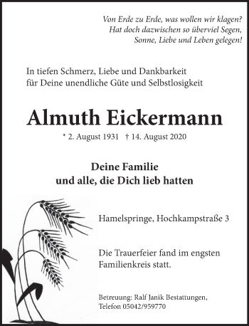 Traueranzeige von Almuth Eickermann von Neue Deister-Zeitung