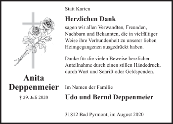 Traueranzeige von Anita Deppenmeier von Deister- und Weserzeitung
