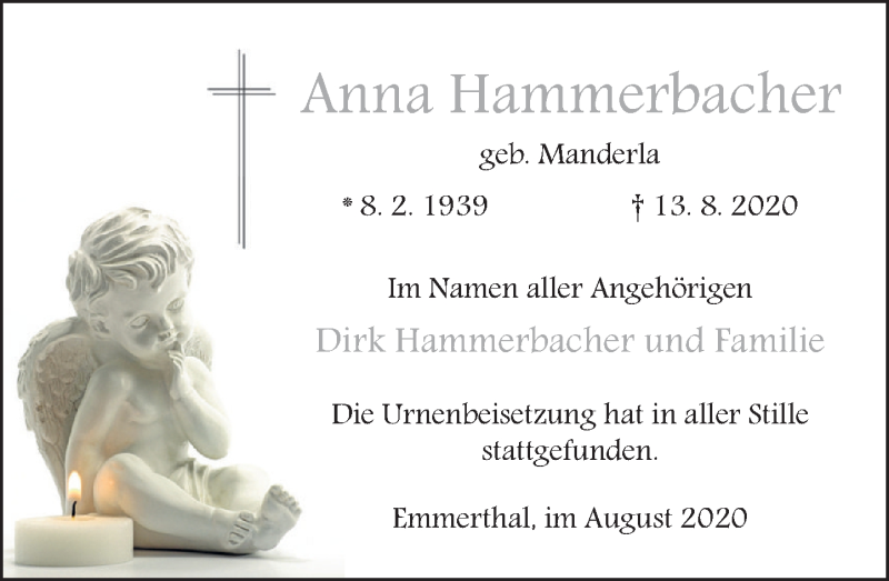  Traueranzeige für Anna Hammerbacher vom 22.08.2020 aus Deister- und Weserzeitung