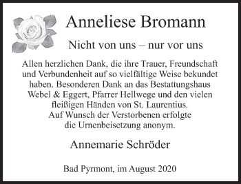 Traueranzeige von Anneliese Bromann von Deister- und Weserzeitung