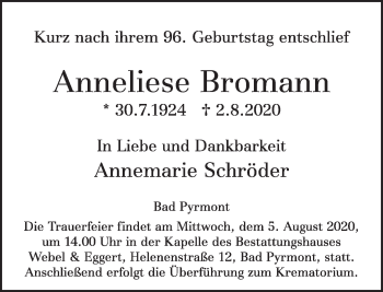 Traueranzeige von Anneliese Bromann von Deister- und Weserzeitung