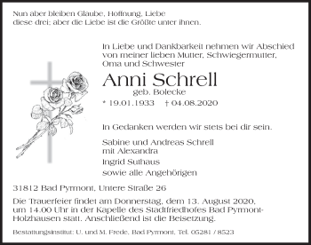 Traueranzeige von Anni Schrell von Deister- und Weserzeitung