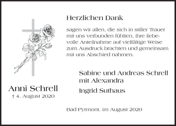 Traueranzeige von Anni Schrell von Deister- und Weserzeitung