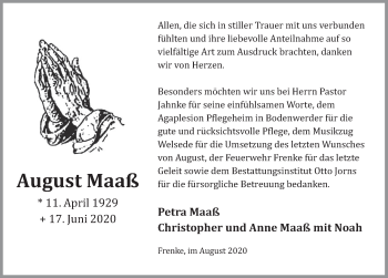 Traueranzeige von August Maaß von Deister- und Weserzeitung