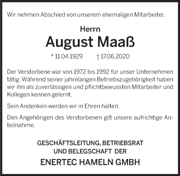 Traueranzeige von August Maaß von Deister- und Weserzeitung