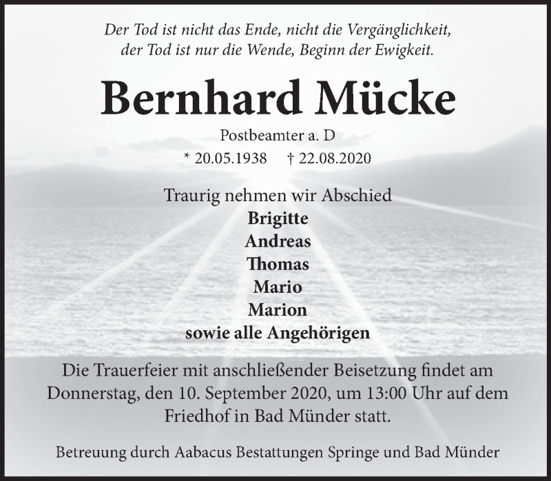  Traueranzeige für Bernhard Mücke vom 05.09.2020 aus Neue Deister-Zeitung