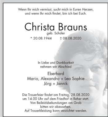Traueranzeige von Christa Brauns von Deister- und Weserzeitung