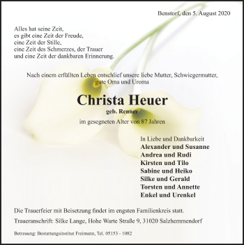 Traueranzeige von Christa Heuer von Deister- und Weserzeitung