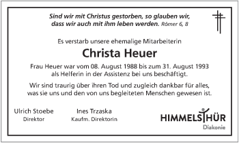 Traueranzeige von Christa Heuer von Deister- und Weserzeitung