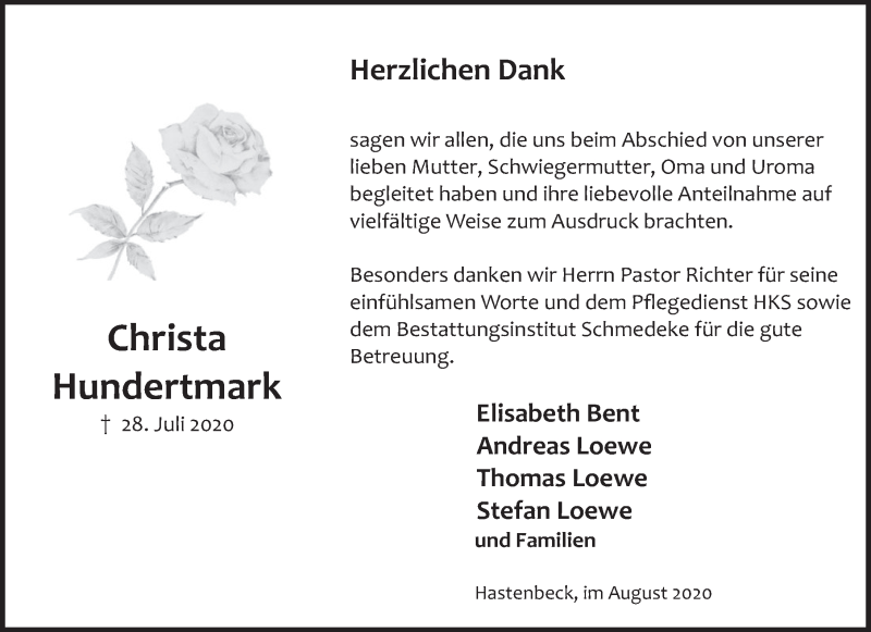  Traueranzeige für Christa Hundertmark vom 29.08.2020 aus Deister- und Weserzeitung