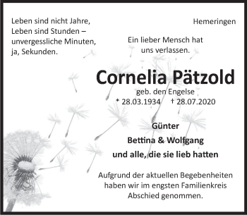 Traueranzeige von Cornelia Pätzold von Deister- und Weserzeitung