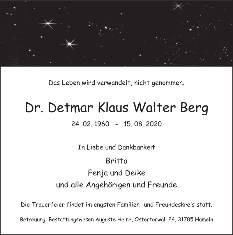  Traueranzeige für Detmar Klaus Walter Berg vom 22.08.2020 aus Deister- und Weserzeitung