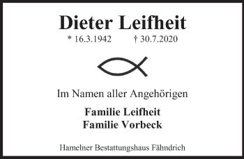 Traueranzeige von Dieter Leifheit von Deister- und Weserzeitung