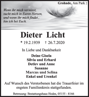 Traueranzeige von Dieter Licht von Deister- und Weserzeitung